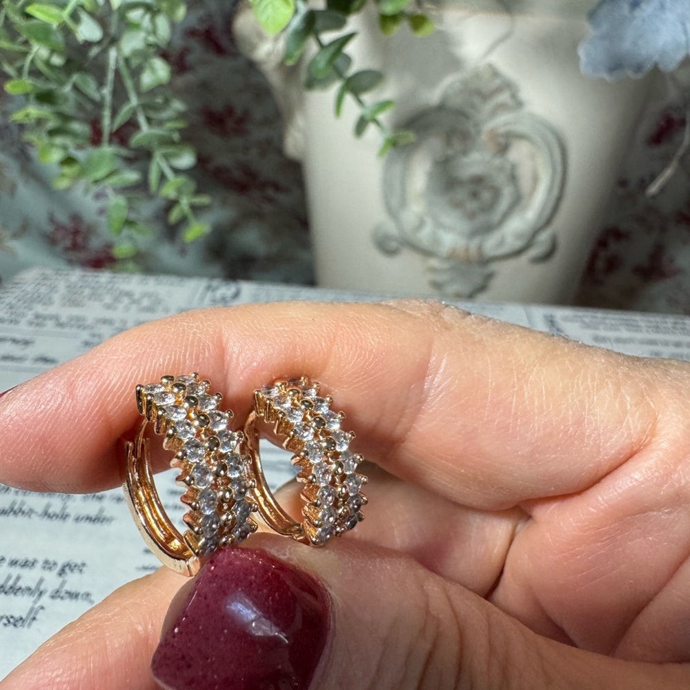 Stainless Steel Gold-Tone Crystal Huggie Hoop Earrings - Sparkling Clear Stones - Picture 2 of 4
